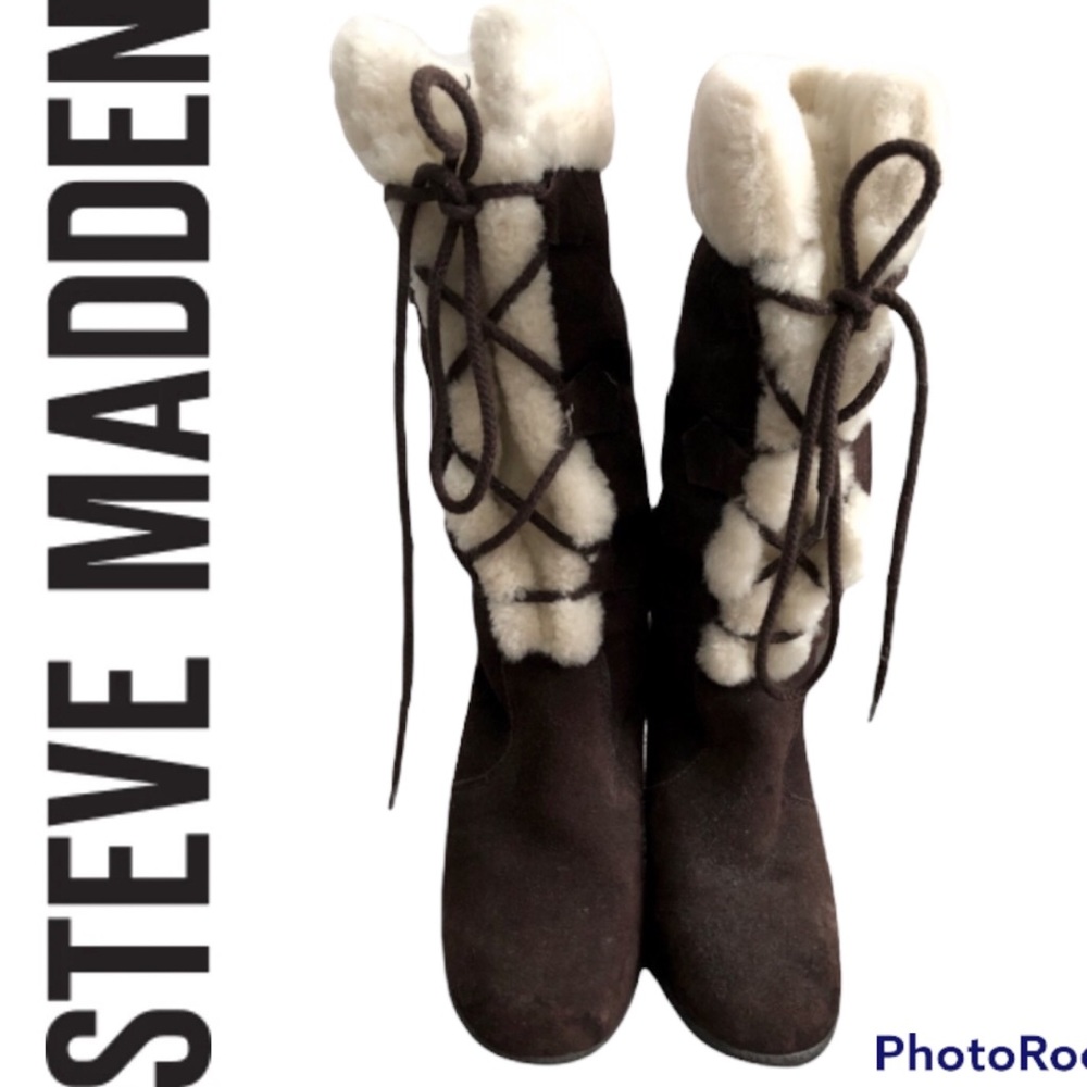 STEVE MADDEN Brown suede shearling/faux fur boot 6